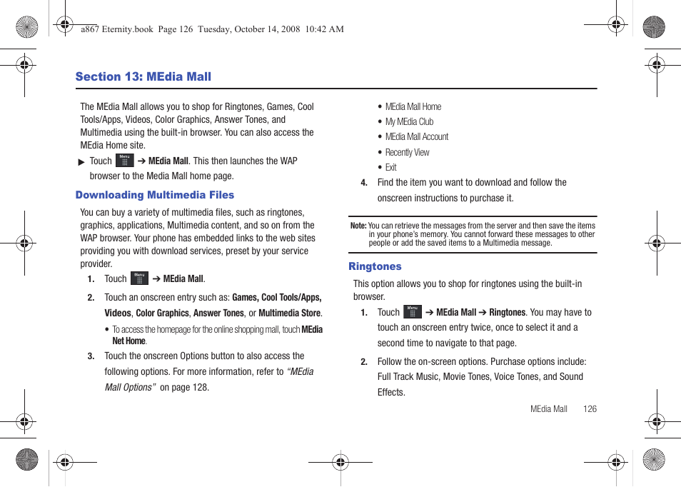 Section 13: media mall, Downloading multimedia files, Ringtones | Downloading multimedia files ringtones | Samsung SGH-A867ZKAATT User Manual | Page 129 / 198