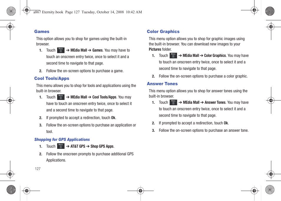 Games, Cool tools/apps, Color graphics | Answer tones, Games cool tools/apps color graphics answer tones | Samsung SGH-A867ZKAATT User Manual | Page 130 / 198