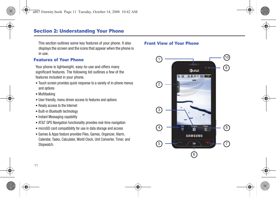 Section 2: understanding your phone, Features of your phone, Front view of your phone | Features of your phone front view of your phone | Samsung SGH-A867ZKAATT User Manual | Page 14 / 198