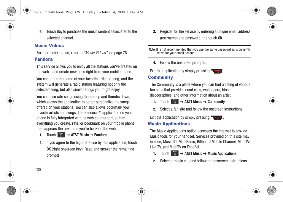 Music videos, Pandora, Community | Music applications, Music videos pandora community music applications | Samsung SGH-A867ZKAATT User Manual | Page 142 / 198