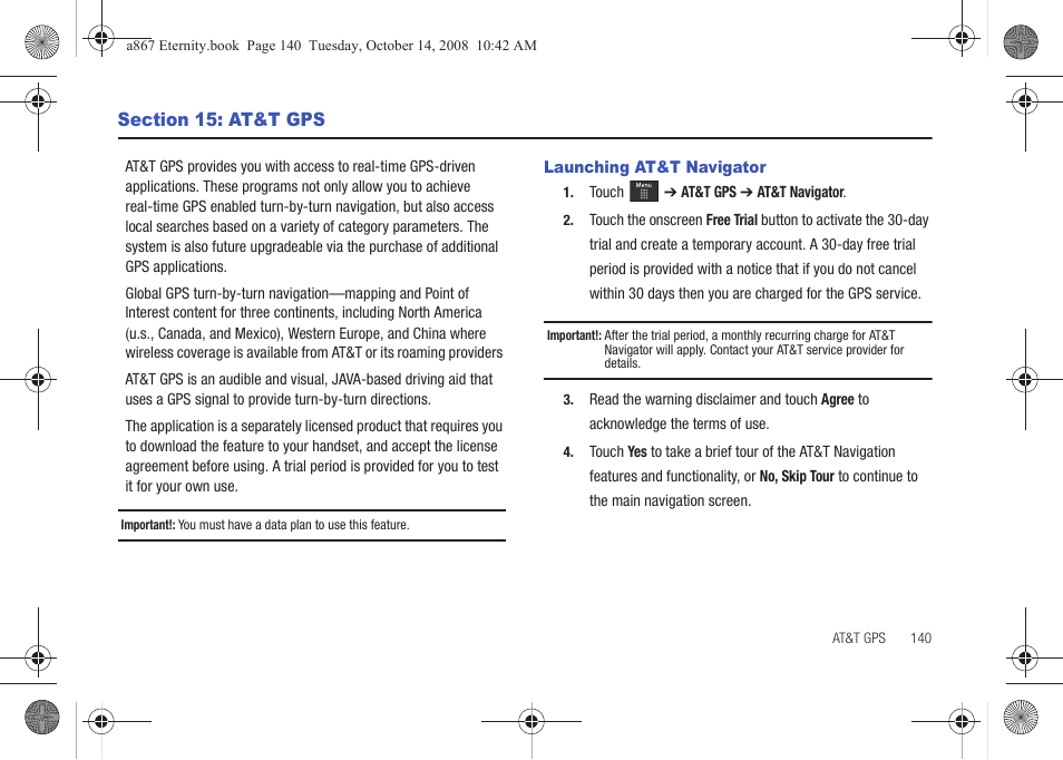 Section 15: at&t gps, Launching at&t navigator | Samsung SGH-A867ZKAATT User Manual | Page 143 / 198