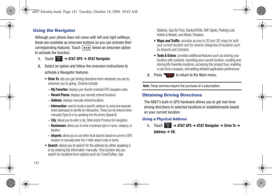Using the navigator, Obtaining driving directions, Using the navigator obtaining driving directions | Samsung SGH-A867ZKAATT User Manual | Page 144 / 198