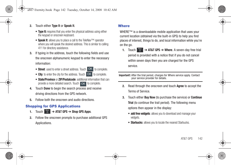 Shopping for gps applications, Where, Shopping for gps applications where | Samsung SGH-A867ZKAATT User Manual | Page 145 / 198