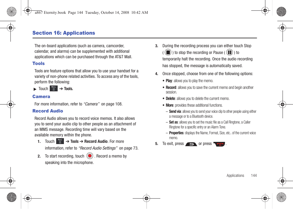 Section 16: applications, Tools, Camera | Record audio, Tools camera record audio | Samsung SGH-A867ZKAATT User Manual | Page 147 / 198