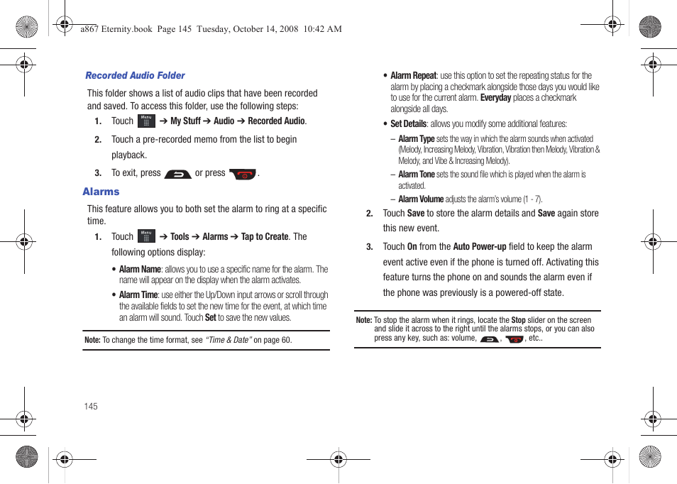 Alarms | Samsung SGH-A867ZKAATT User Manual | Page 148 / 198