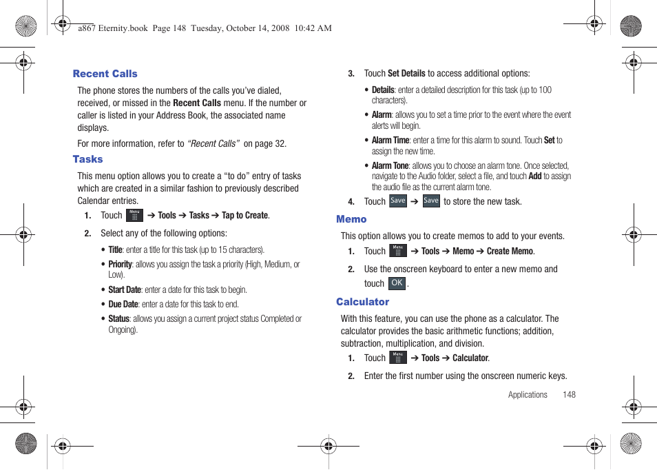 Recent calls, Tasks, Memo | Calculator, Recent calls tasks, Memo calculator | Samsung SGH-A867ZKAATT User Manual | Page 151 / 198