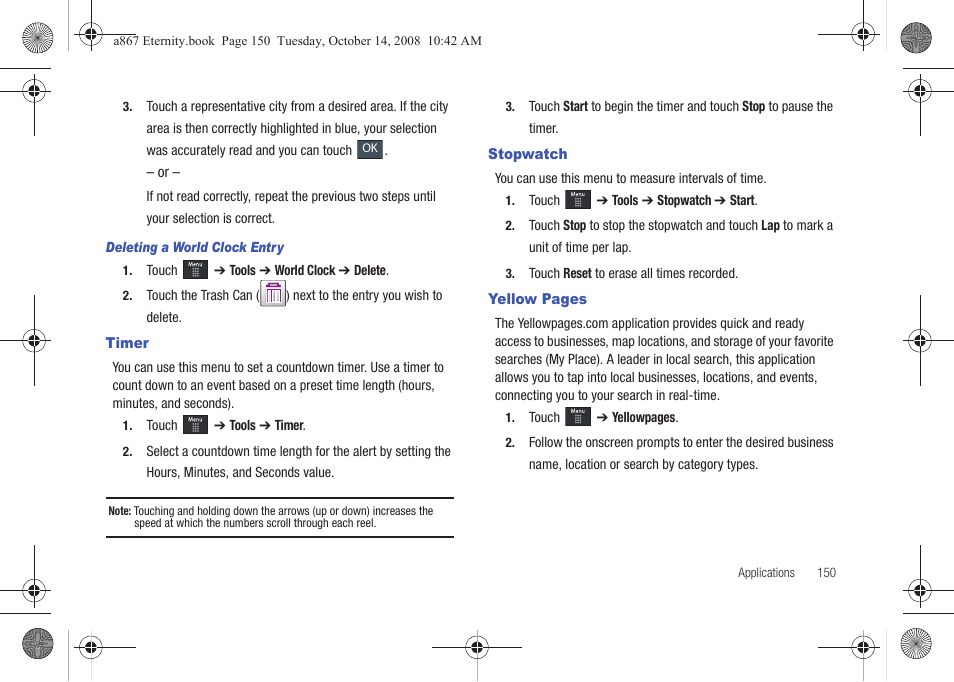 Timer, Stopwatch | Samsung SGH-A867ZKAATT User Manual | Page 153 / 198