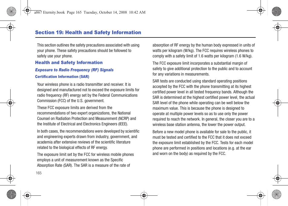 Section 19: health and safety information, Health and safety information | Samsung SGH-A867ZKAATT User Manual | Page 168 / 198