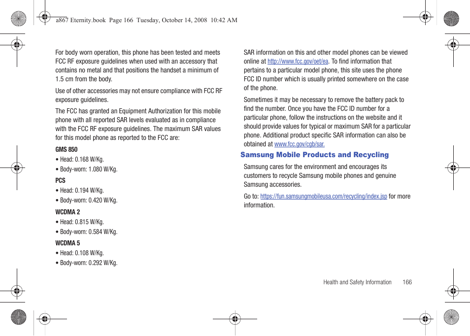Samsung mobile products and recycling | Samsung SGH-A867ZKAATT User Manual | Page 169 / 198