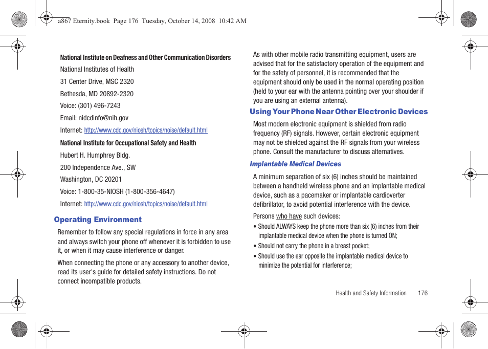 Operating environment, Using your phone near other electronic devices | Samsung SGH-A867ZKAATT User Manual | Page 179 / 198