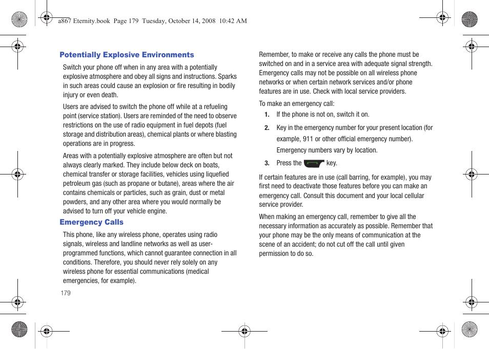 Potentially explosive environments, Emergency calls, Potentially explosive environments emergency calls | Samsung SGH-A867ZKAATT User Manual | Page 182 / 198