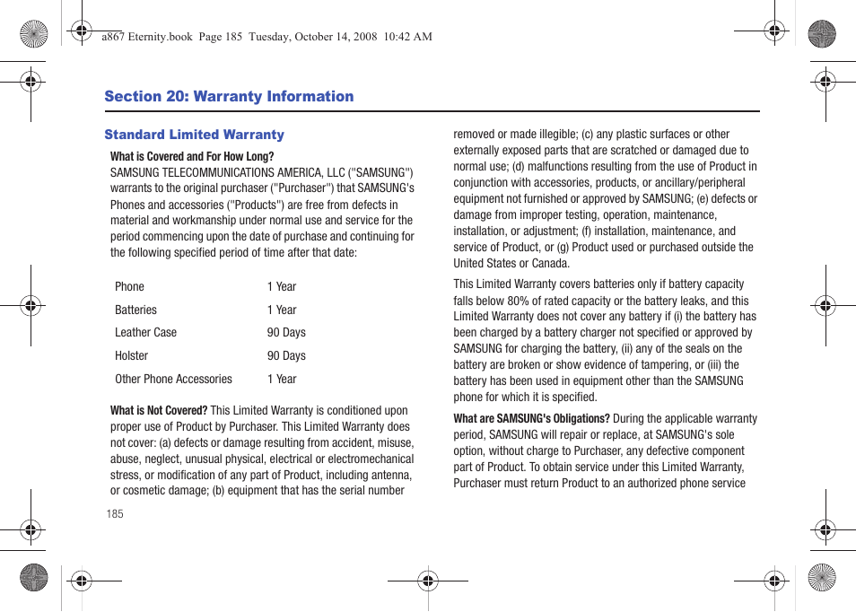 Section 20: warranty information, Standard limited warranty | Samsung SGH-A867ZKAATT User Manual | Page 188 / 198