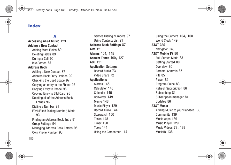 Index | Samsung SGH-A867ZKAATT User Manual | Page 192 / 198