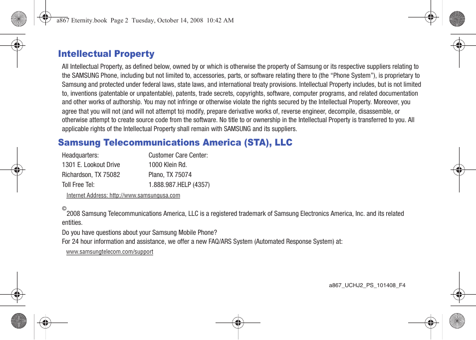 Intellectual property, Samsung telecommunications america (sta), llc | Samsung SGH-A867ZKAATT User Manual | Page 2 / 198