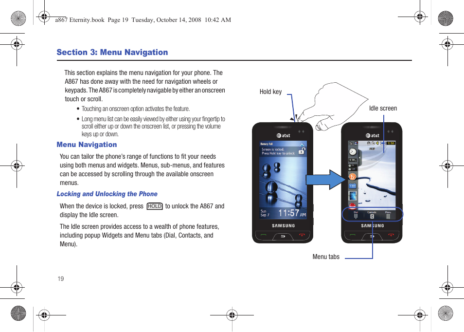 Section 3: menu navigation, Menu navigation | Samsung SGH-A867ZKAATT User Manual | Page 22 / 198