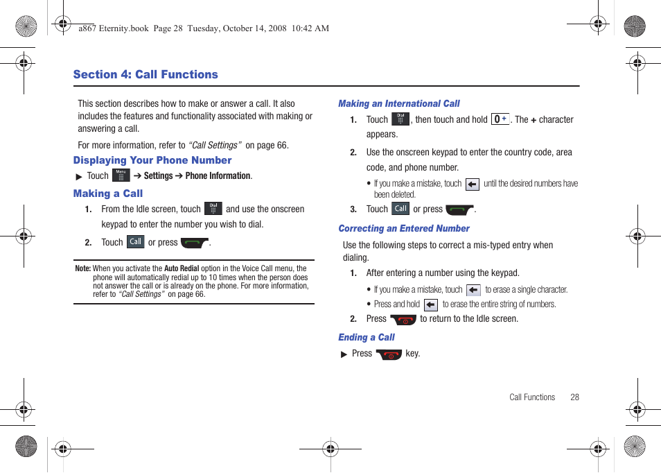 Section 4: call functions, Displaying your phone number, Making a call | Displaying your phone number making a call | Samsung SGH-A867ZKAATT User Manual | Page 31 / 198