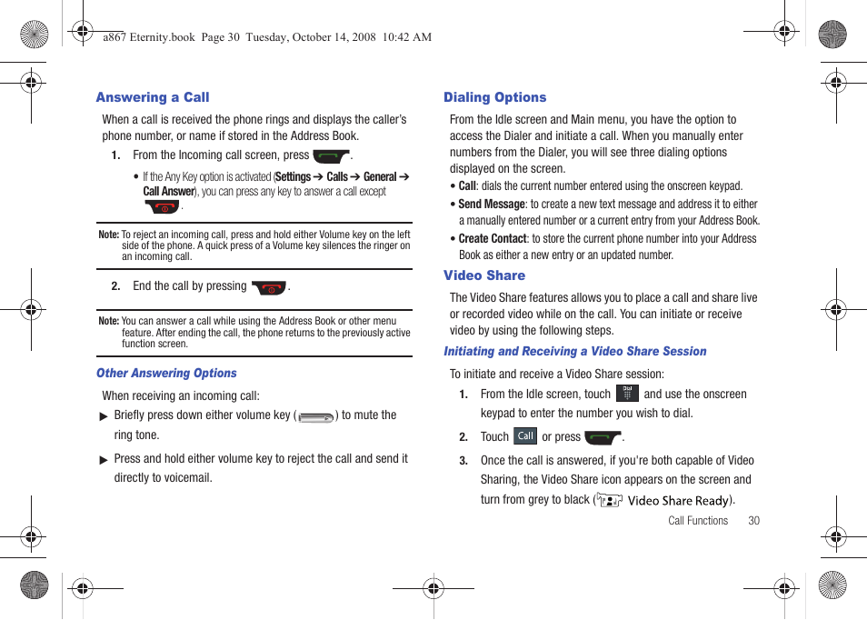 Answering a call, Dialing options, Video share | Answering a call dialing options | Samsung SGH-A867ZKAATT User Manual | Page 33 / 198