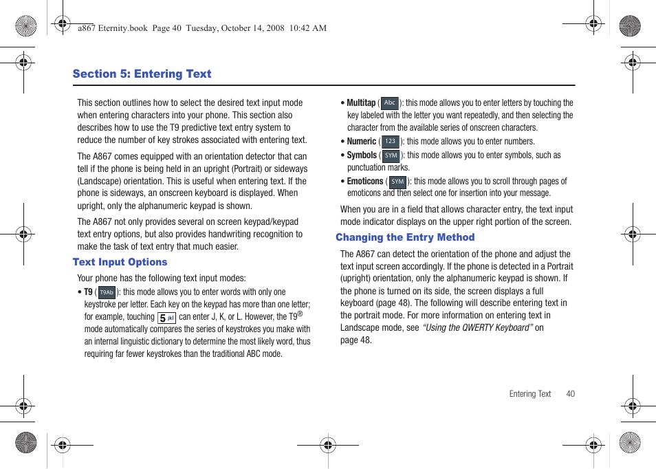 Section 5: entering text, Text input options, Changing the entry method | Text input options changing the entry method | Samsung SGH-A867ZKAATT User Manual | Page 43 / 198