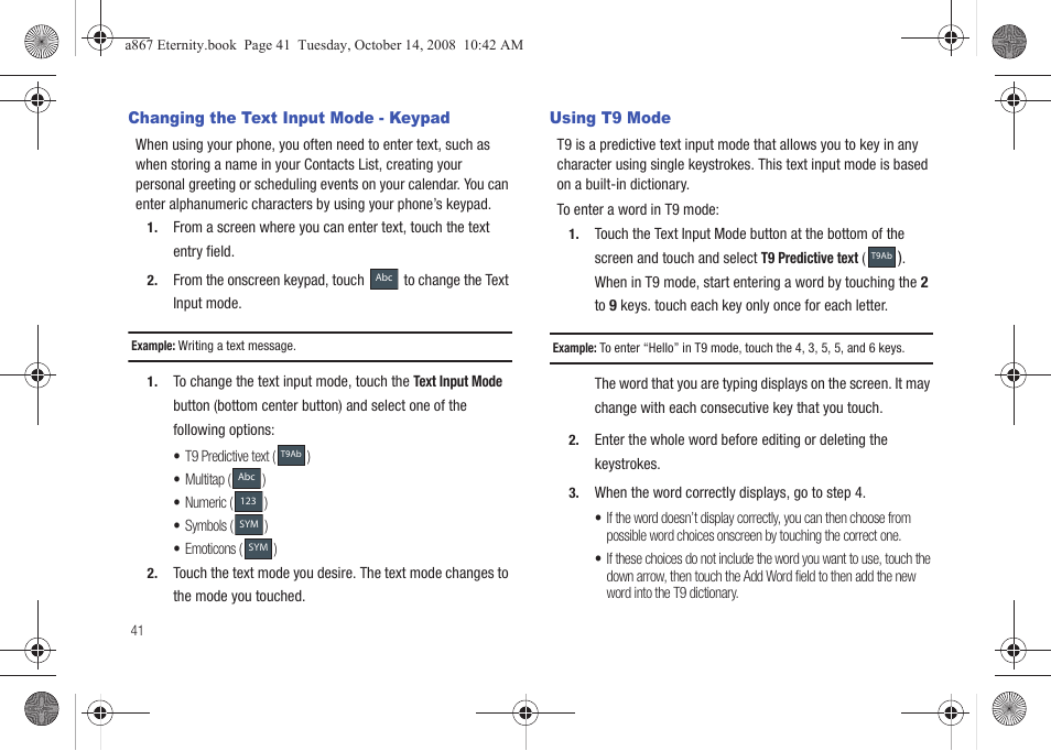 Changing the text input mode - keypad, Using t9 mode | Samsung SGH-A867ZKAATT User Manual | Page 44 / 198