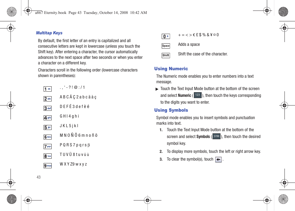 Using numeric, Using symbols, Using numeric using symbols | Samsung SGH-A867ZKAATT User Manual | Page 46 / 198