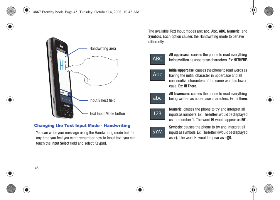 Changing the text input mode - handwriting, Abc abc abc 123 sym | Samsung SGH-A867ZKAATT User Manual | Page 48 / 198