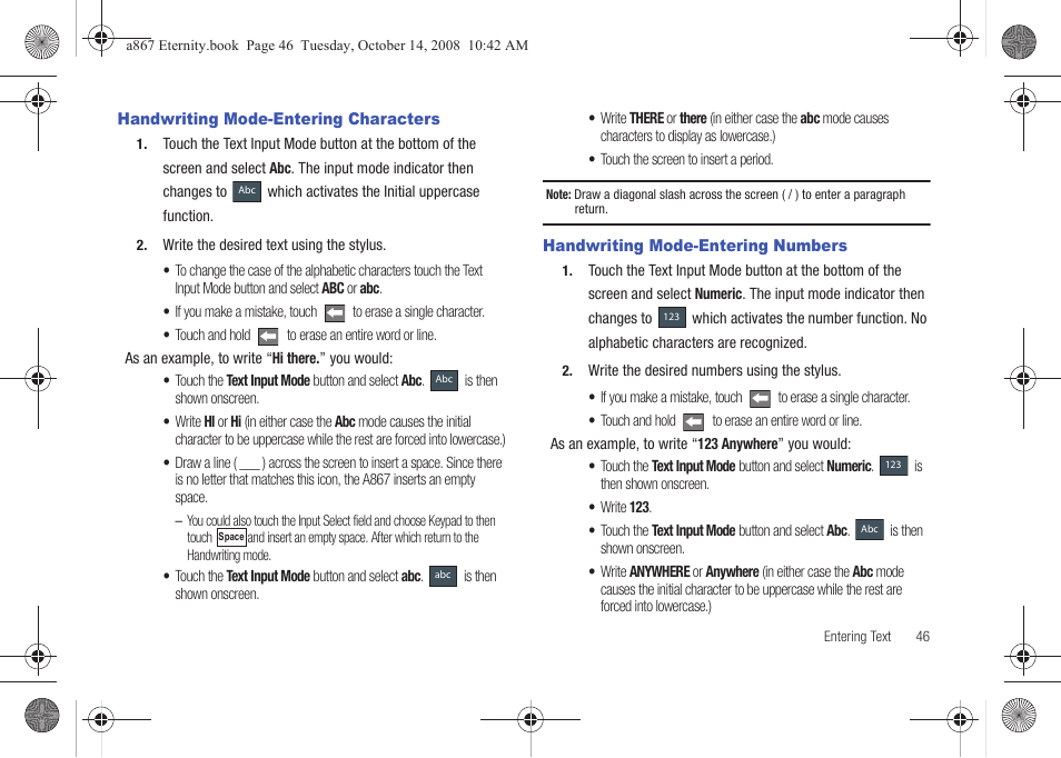 Handwriting mode-entering characters, Handwriting mode-entering numbers | Samsung SGH-A867ZKAATT User Manual | Page 49 / 198