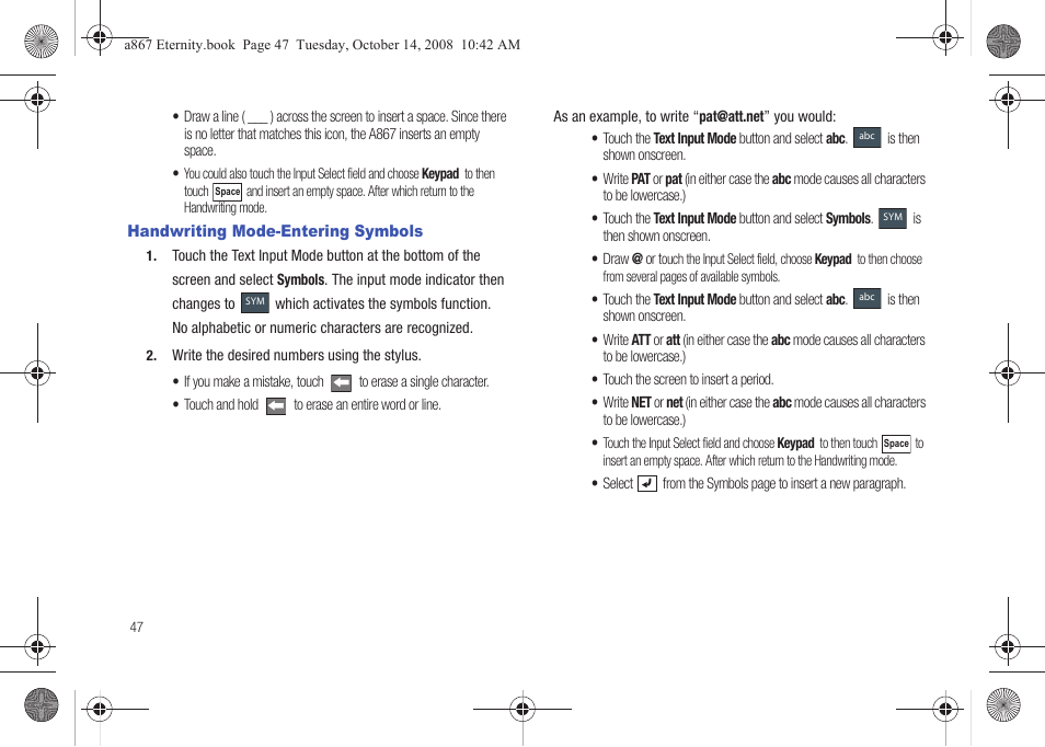 Handwriting mode-entering symbols | Samsung SGH-A867ZKAATT User Manual | Page 50 / 198