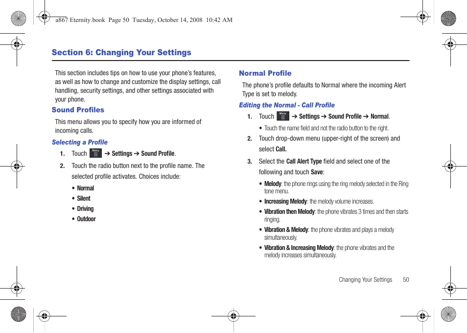 Section 6: changing your settings, Sound profiles, Normal profile | Sound profiles normal profile | Samsung SGH-A867ZKAATT User Manual | Page 53 / 198