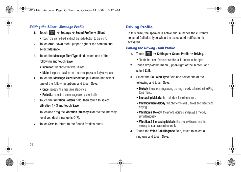 Driving profile | Samsung SGH-A867ZKAATT User Manual | Page 56 / 198