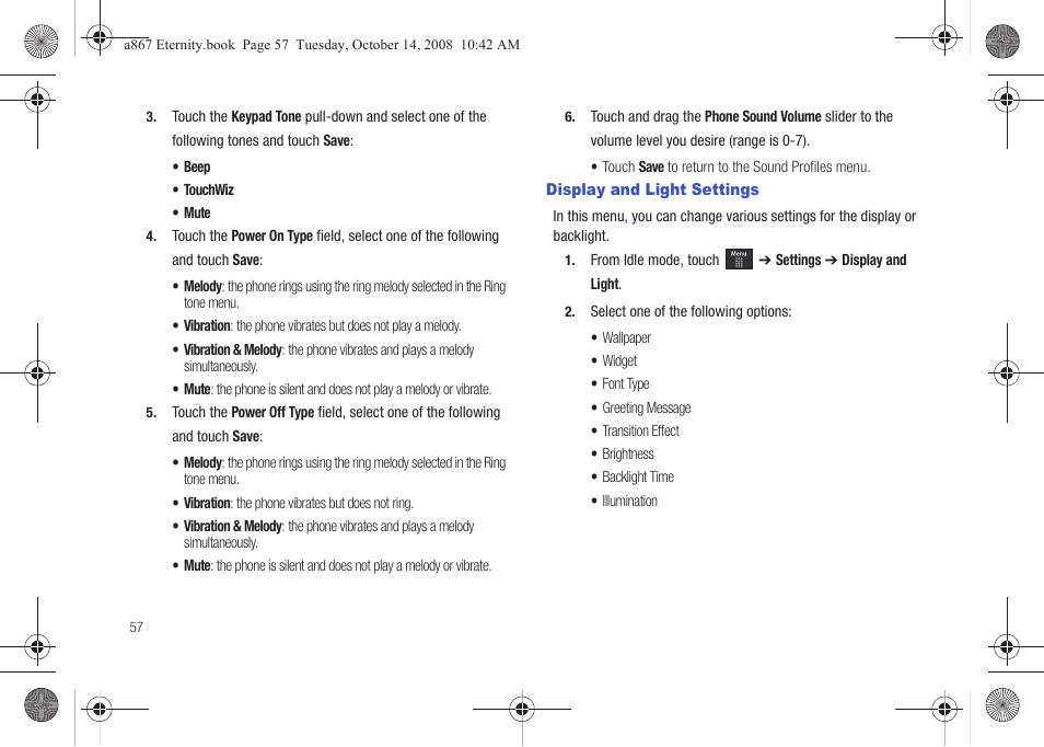 Display and light settings | Samsung SGH-A867ZKAATT User Manual | Page 60 / 198