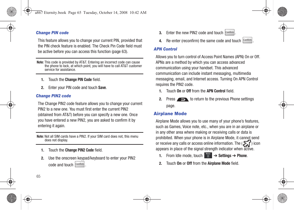 Airplane mode | Samsung SGH-A867ZKAATT User Manual | Page 68 / 198