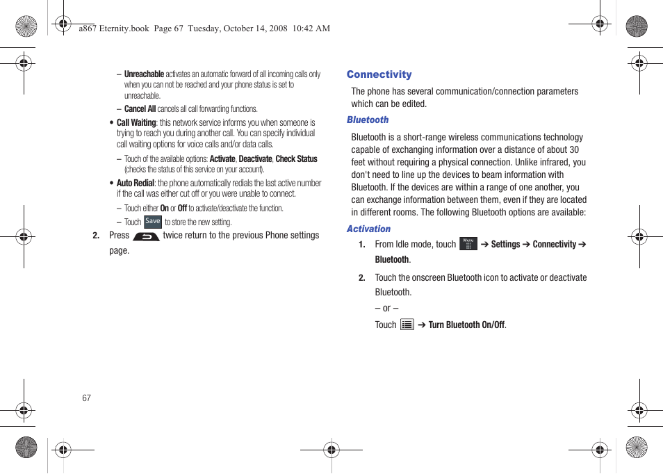 Connectivity | Samsung SGH-A867ZKAATT User Manual | Page 70 / 198