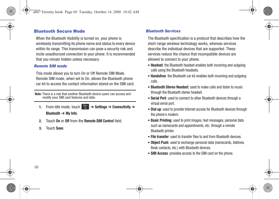 Bluetooth secure mode | Samsung SGH-A867ZKAATT User Manual | Page 72 / 198