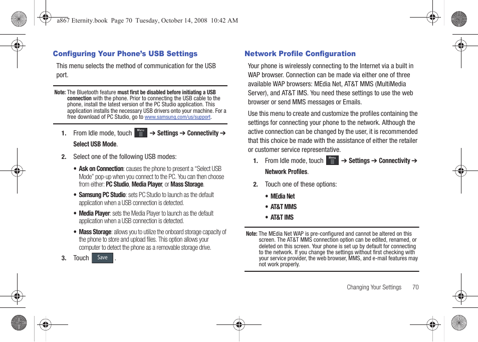 Configuring your phone’s usb settings, Network profile configuration | Samsung SGH-A867ZKAATT User Manual | Page 73 / 198