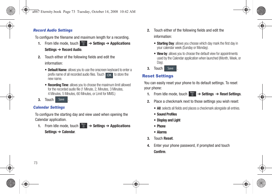 Reset settings | Samsung SGH-A867ZKAATT User Manual | Page 76 / 198