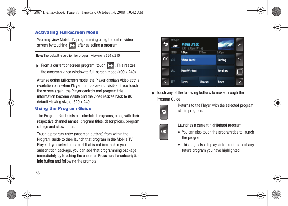 Activating full-screen mode, Using the program guide | Samsung SGH-A867ZKAATT User Manual | Page 86 / 198