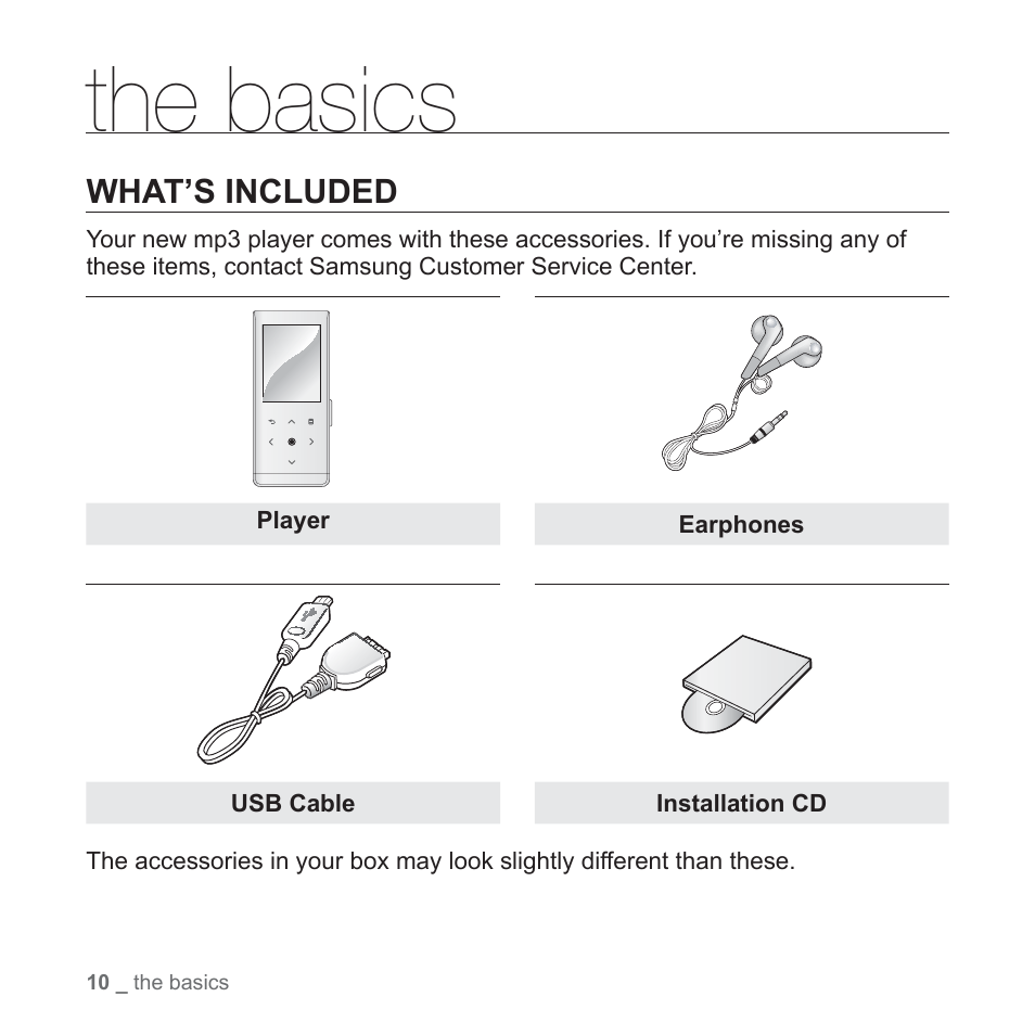 The basics, What’s included | Samsung YP-T10JQB-XAC User Manual | Page 10 / 113