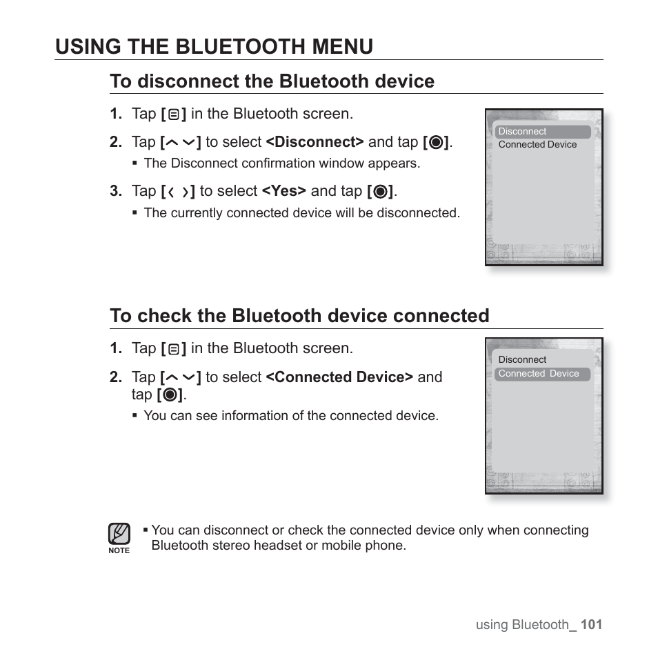 Using the bluetooth menu | Samsung YP-T10JQB-XAC User Manual | Page 101 / 113