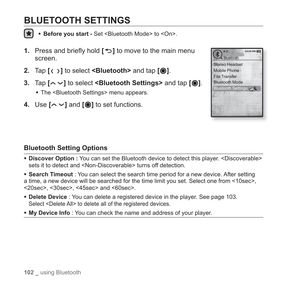 Bluetooth settings | Samsung YP-T10JQB-XAC User Manual | Page 102 / 113