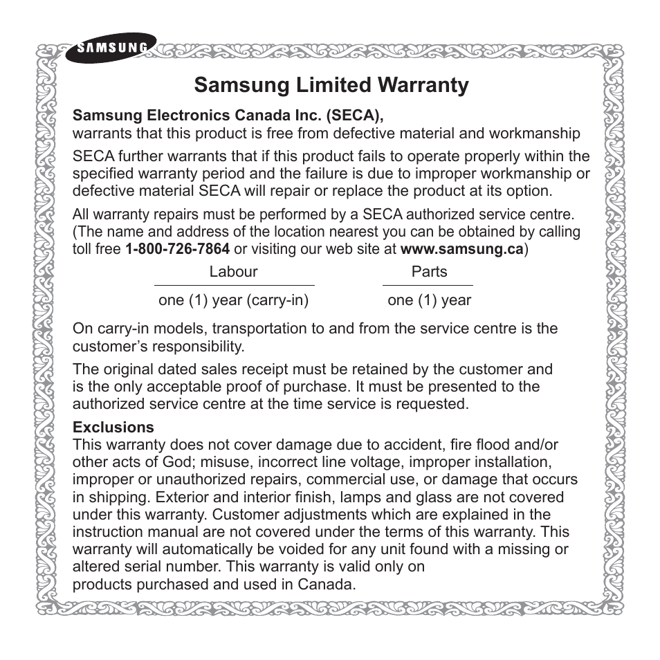 Samsung limited warranty | Samsung YP-T10JQB-XAC User Manual | Page 112 / 113