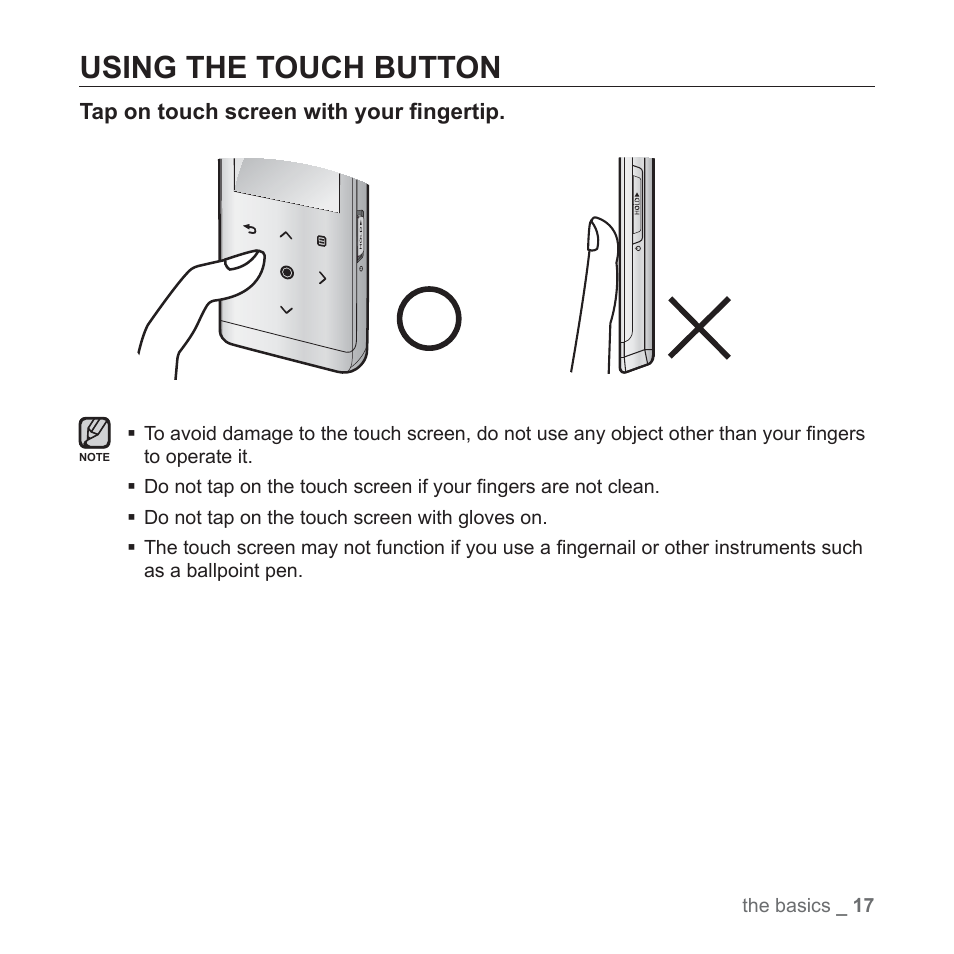 Using the touch button | Samsung YP-T10JQB-XAC User Manual | Page 17 / 113