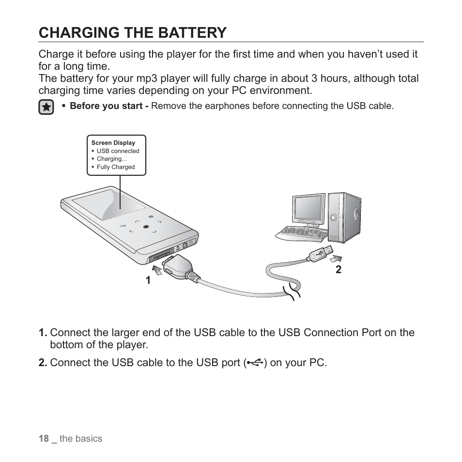 Charging the battery | Samsung YP-T10JQB-XAC User Manual | Page 18 / 113