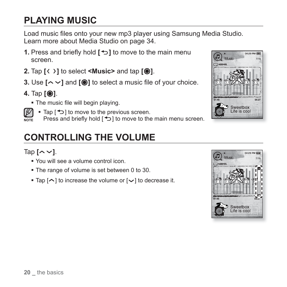 Playing music, Controlling the volume | Samsung YP-T10JQB-XAC User Manual | Page 20 / 113