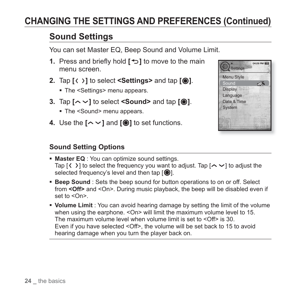 Changing the settings and preferences (continued), Sound settings | Samsung YP-T10JQB-XAC User Manual | Page 24 / 113