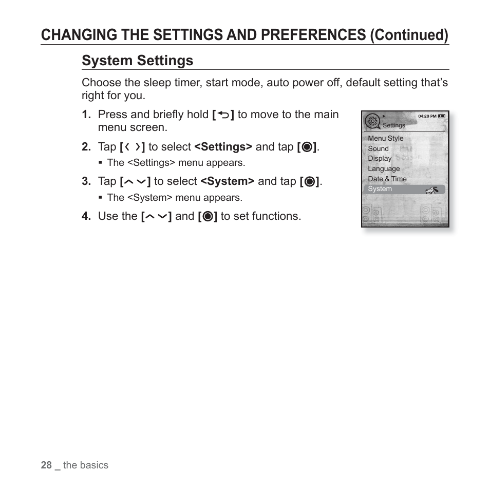 Changing the settings and preferences (continued), System settings | Samsung YP-T10JQB-XAC User Manual | Page 28 / 113