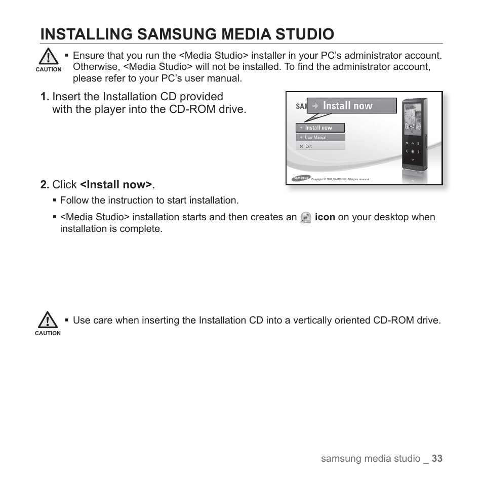 Installing samsung media studio | Samsung YP-T10JQB-XAC User Manual | Page 33 / 113