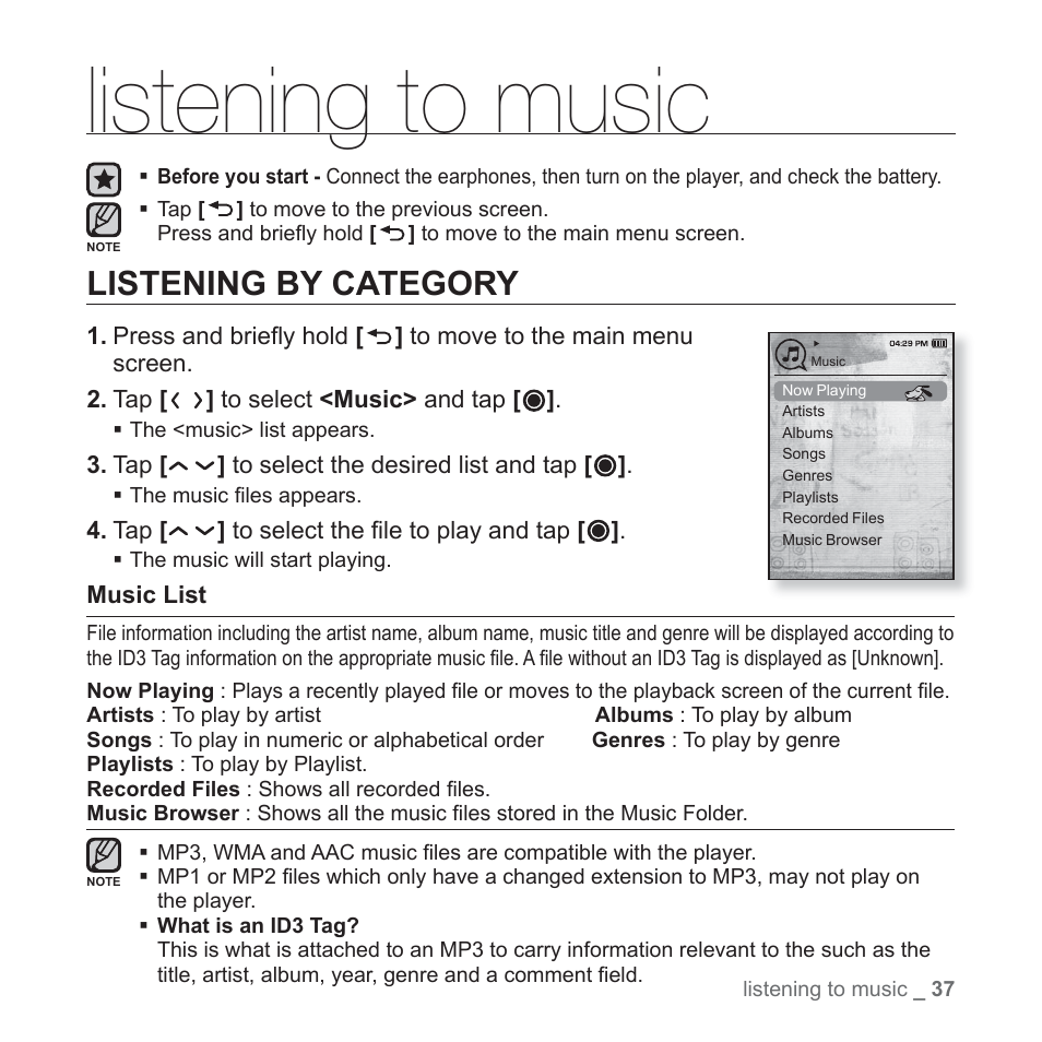 Listening to music, Listening by category | Samsung YP-T10JQB-XAC User Manual | Page 37 / 113