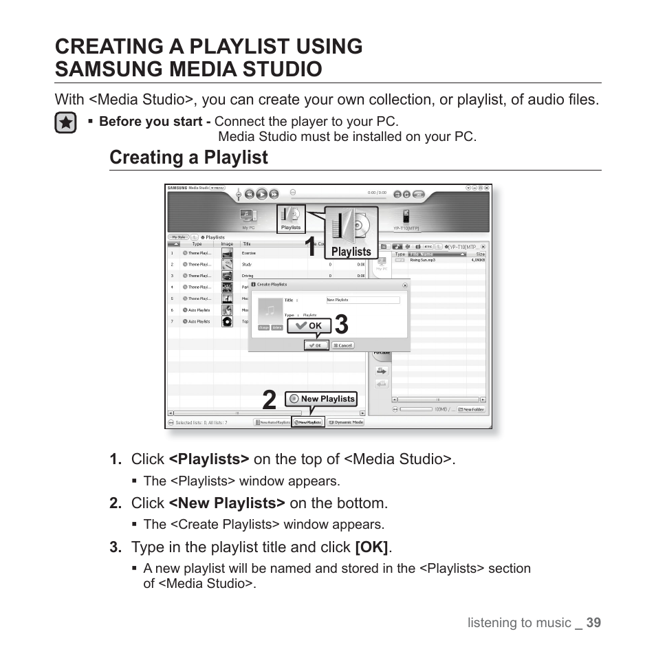 Creating a playlist usingsamsung media studio, Creating a playlist, Creating a playlist using samsung media studio | Samsung YP-T10JQB-XAC User Manual | Page 39 / 113