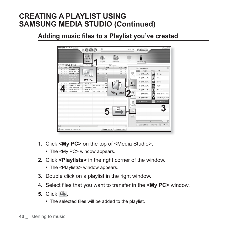 Adding music files to a playlist you’ve created | Samsung YP-T10JQB-XAC User Manual | Page 40 / 113