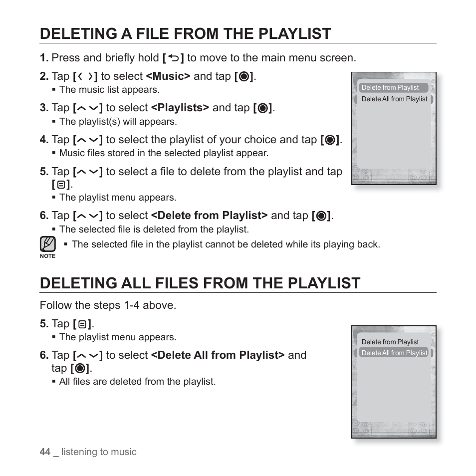 Deleting a file from the playlist, Deleting all files from the playlist | Samsung YP-T10JQB-XAC User Manual | Page 44 / 113